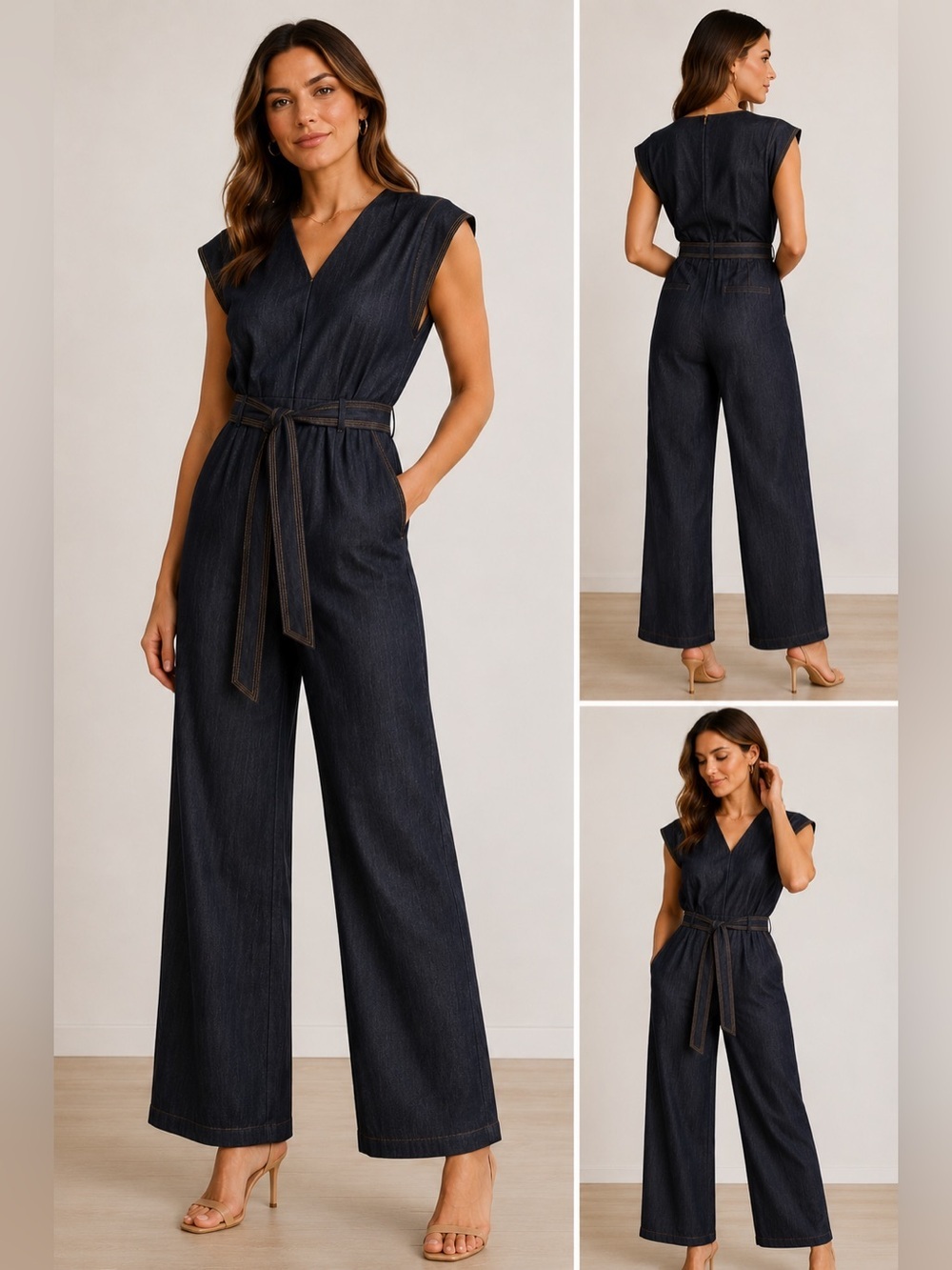 Stunning Denim Look Crop Length Jumpsuit Belted 4 NWOT Lightweight Quiet Luxury